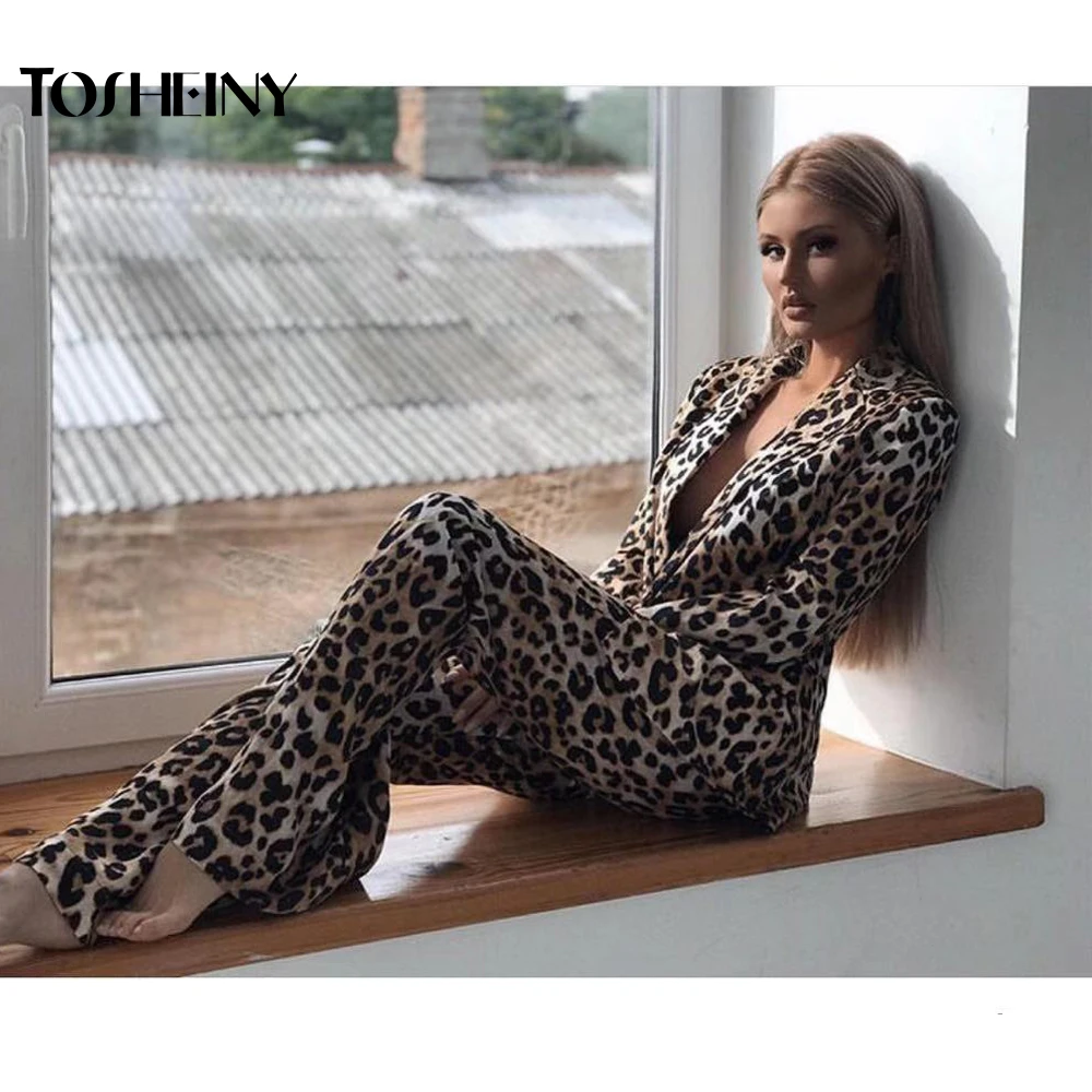 Tosheiny 2019 для женщин Sexy Глубокий V с длинным рукавом Leopard комплект из двух предметов комбинезон Элегантный Комбинезоны для TH18532