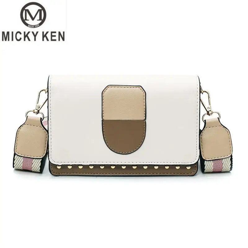 

female bag 2019 new wide shoulder strap slung small square bag Korean version of the rivet wild women shoulder diagonal package