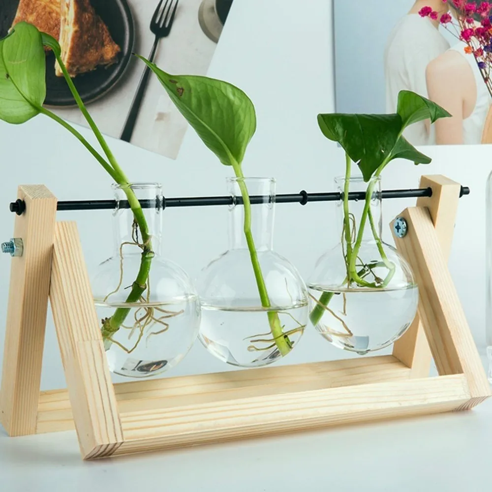 

Newest Desktop Vase Glass Planter Bulb with Retro Solid Wooden Stand and Metal Swivel Holder for Hydroponics Plants Home Office