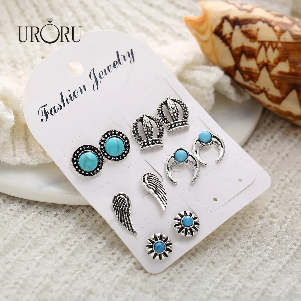 

URORU New Fashion Personality Inlaid Natural Stone 5 pairs of Earrings Moon Vintage Style Women's Stud Earrings Jewelry Gift