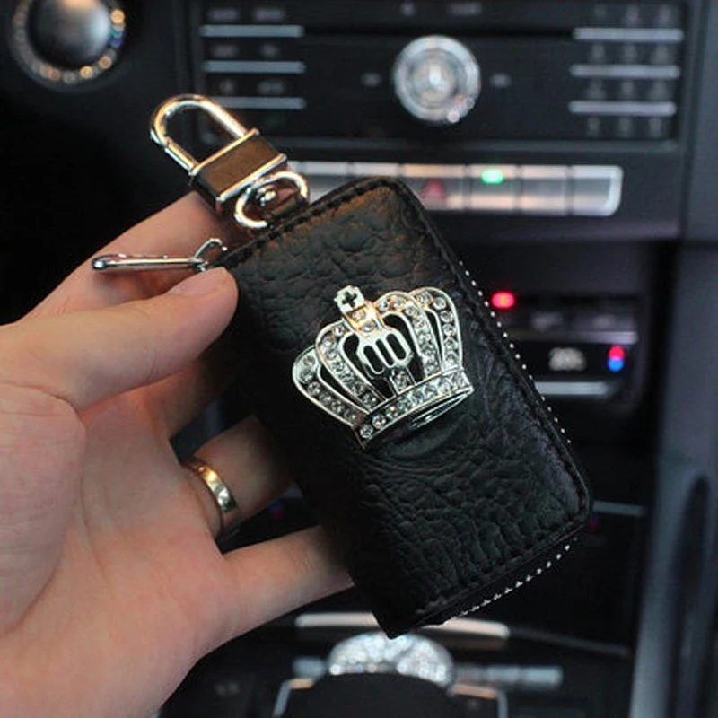 

Crocodile Grain Black with Crown Diamond Car Key Control Case Storage Bag Brief Zipper Auto Key Holder Covers Interior Gifts