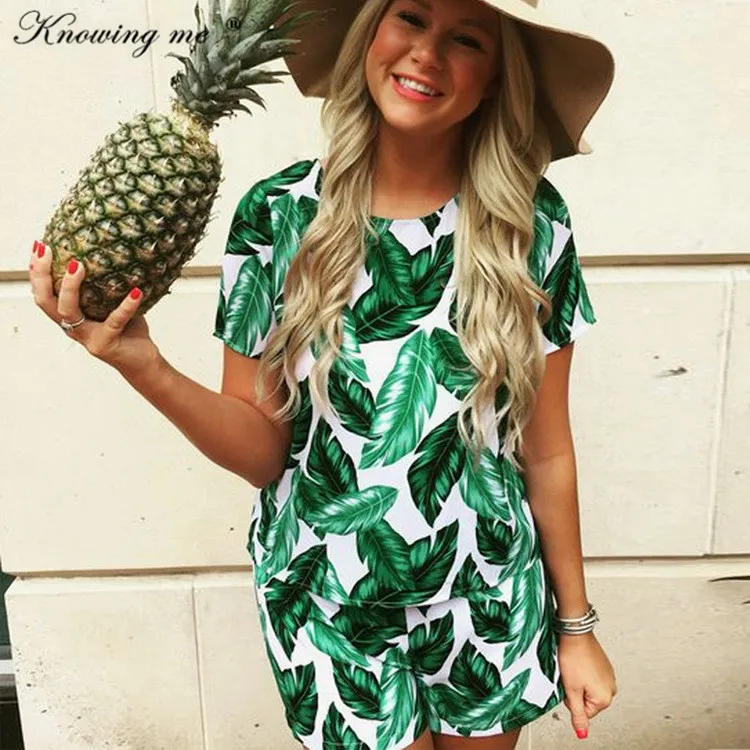 

Knowing me 2019 Summer beach suit set women casual plant print short sleeve Two-piece set Lady fashion holidday short pant sets
