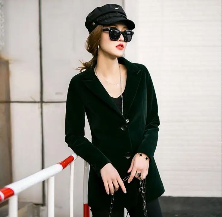 2019 Весна черный зеленый бархатный блейзер женский высокое качество однобортный с длинным рукавом офисные женские костюмы Пальто Блейзер