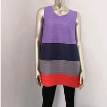 Miyake модная плиссированная шифоновая полосатая рубашка без рукавов с круглым вырезом