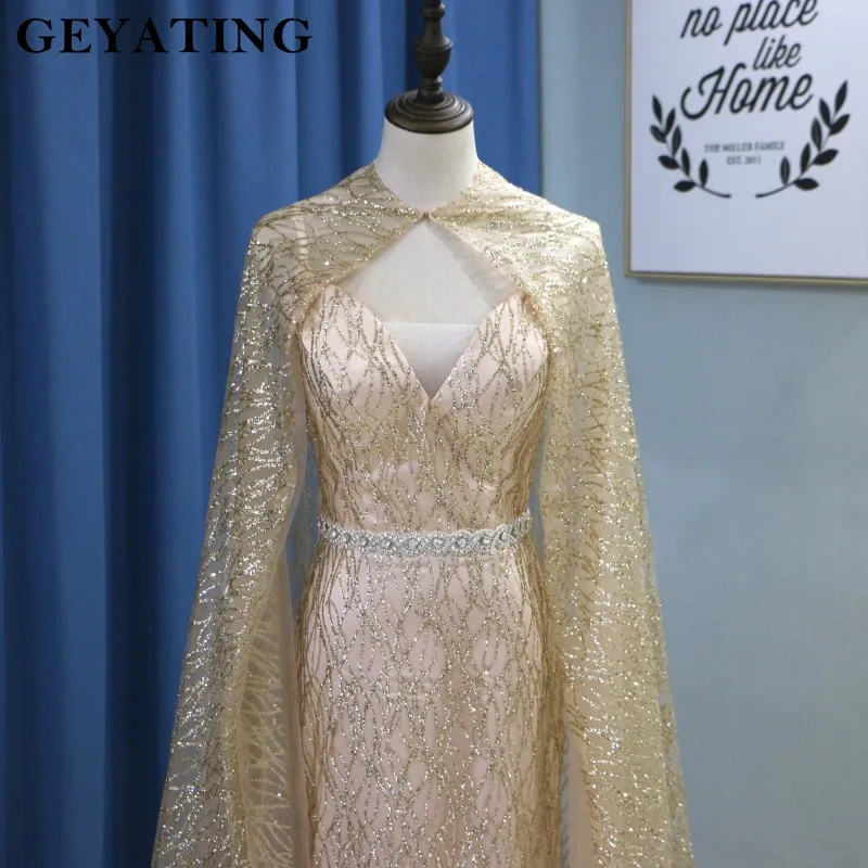 Блестящее Золотое длинное арабское вечернее платье русалки с накидкой абайя Кафтан Дубай Формальные Выпускные платья элегантные женские платья