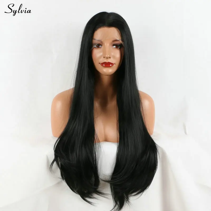 Sylvia средняя часть длинные черные волосы для Для женщин шелковистая прямая Тип мягкий синтетический волос 1B # бесклеевого жаропрочных