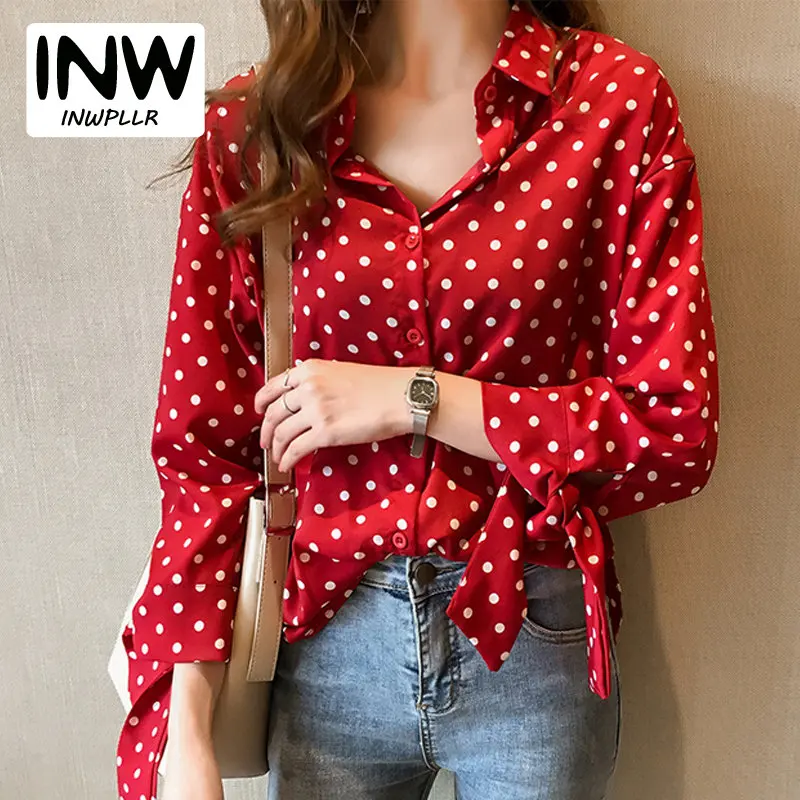 

M-4XL Plus Size Tops Women Blouses Casual Polt Dot Shirts Femme Bow Long Sleeve Chiffon Blouse 2019 Autumn Blusas Mujer Camisa