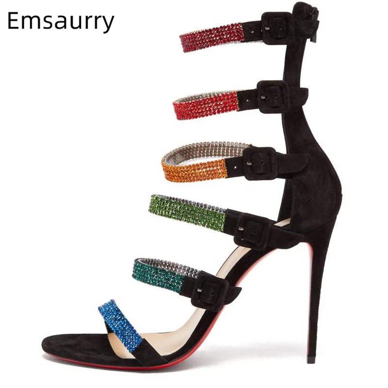 

Sexy Studded Buckle Gladiator Sandals Women Colorful Rhinestone Narrow Band Cover Heel Open Toe Stiletto Heel Summer Sandalias