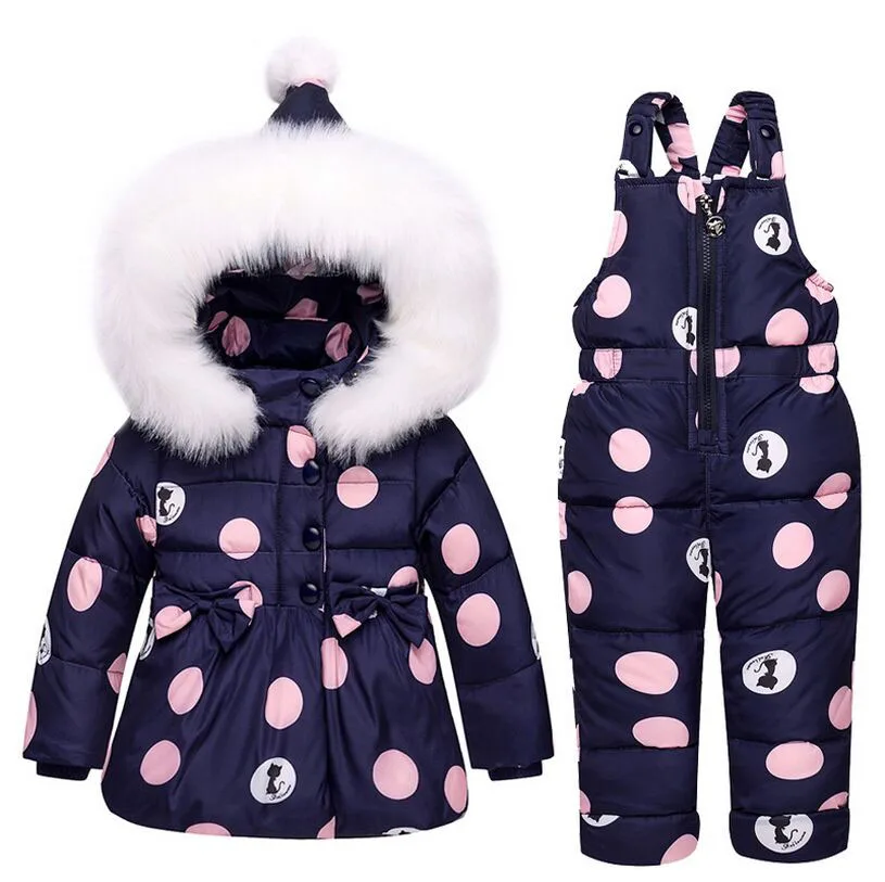 2018 New Arrive Winte Kids Girl Clothing Sets Cute Bow Fashion Full Collar Thick Warm White Dock Down Polka Dot Baby Set For1-3T contrast collar polka dot top