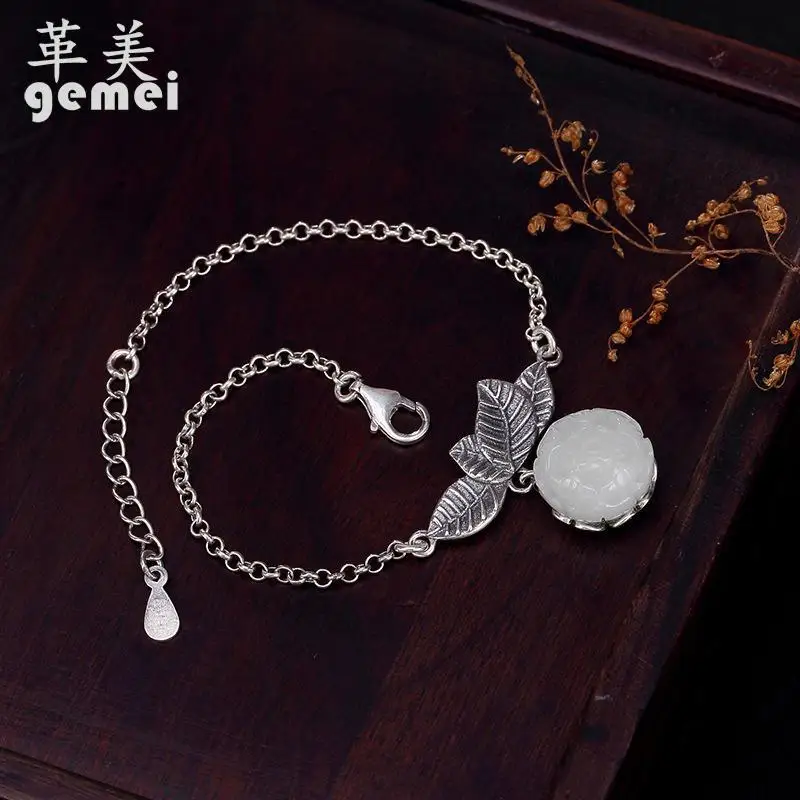 

Gemei New Arrivals Retro Style Natural Stone Carving Lotus Charm Bracelets For Women 925 Sterling Silver Chinese Style Jewelry