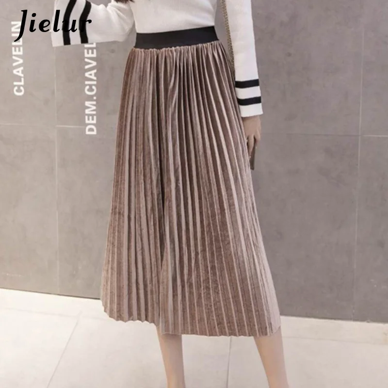 Jielur Осенние новые бархатные женские юбки в Корейском стиле модные однотонные плиссированные юбки с высокой талией простые юбка женская - Цвет: Coffee
