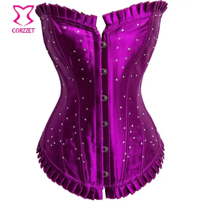 Corzzet Purple Overbust Corset Women Satin Stud Rhinestone Bustier Top