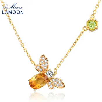 

LAMOON Little Bee 14K Yellow Gold Pendant Necklace For Women Natural Citrine 925 Sterling Silver Fine Jewelry Bijoux NI015