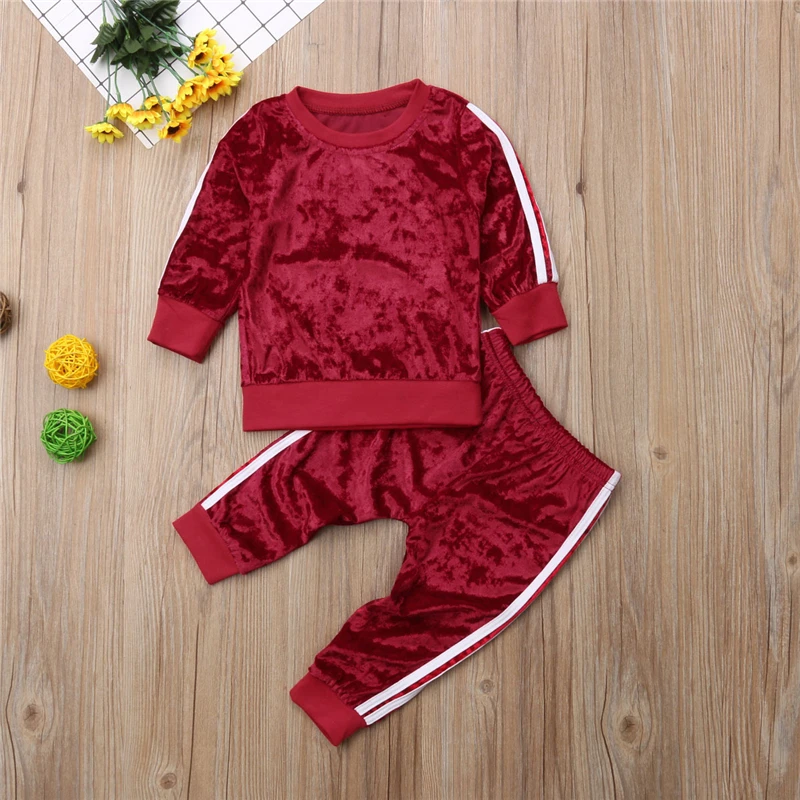 Модная детская спортивная одежда для маленьких мальчиков и девочек осенне-весенний бархатный костюм в полоску для маленьких девочек и мальчиков, толстовка с капюшоном и штаны комплект одежды из 2 предметов - Цвет: Red