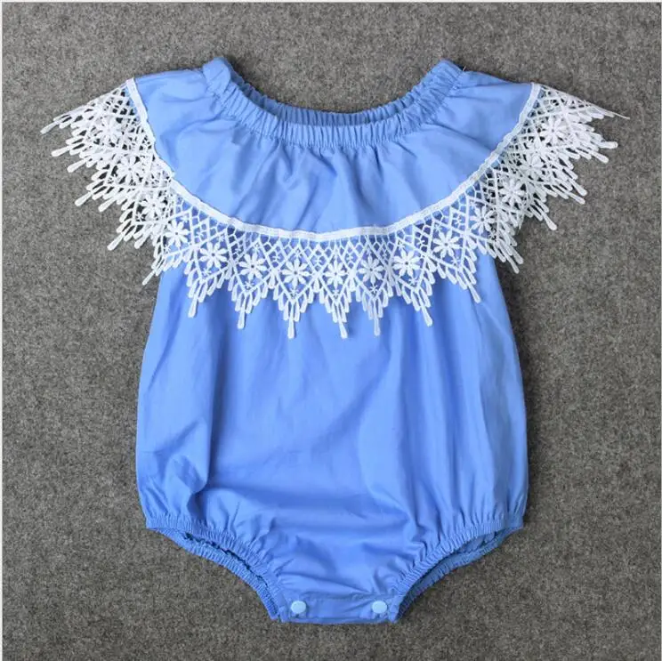 Очень милая детская одежда для девочек, кружевные ромперы для младенцев с кисточками, хлопковые воротники с пуговицами и оборками - Цвет: Синий