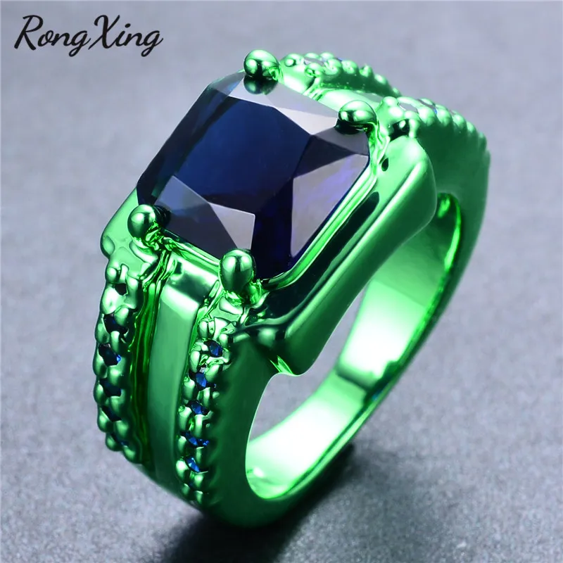 RongXing Fashion Blue Zircon Rings For Men Women Wedding Vintage Green Gold Filled September ...