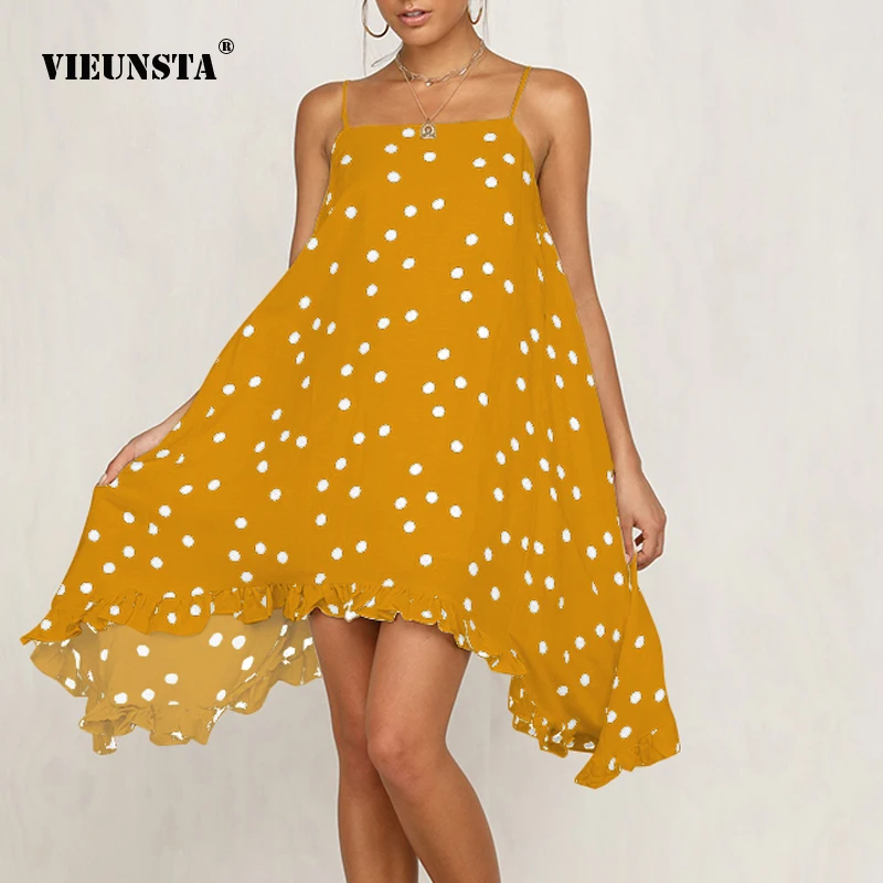 

VIEUNSTA Women Sexy Off Shoulder Mini Dresses Summer Polka Dot Print Irregular Chiffon Dress Casual Ruffle Beach Dress Vestidos