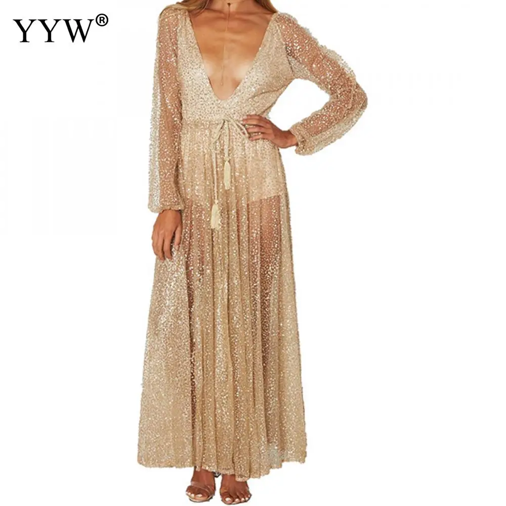 

Gold Sequin Party Long Dress Summer Sexy Long Sleeve Deep V Neck Formal Dress Women Mesh See-Through Bandage Elegant Maxi Dress