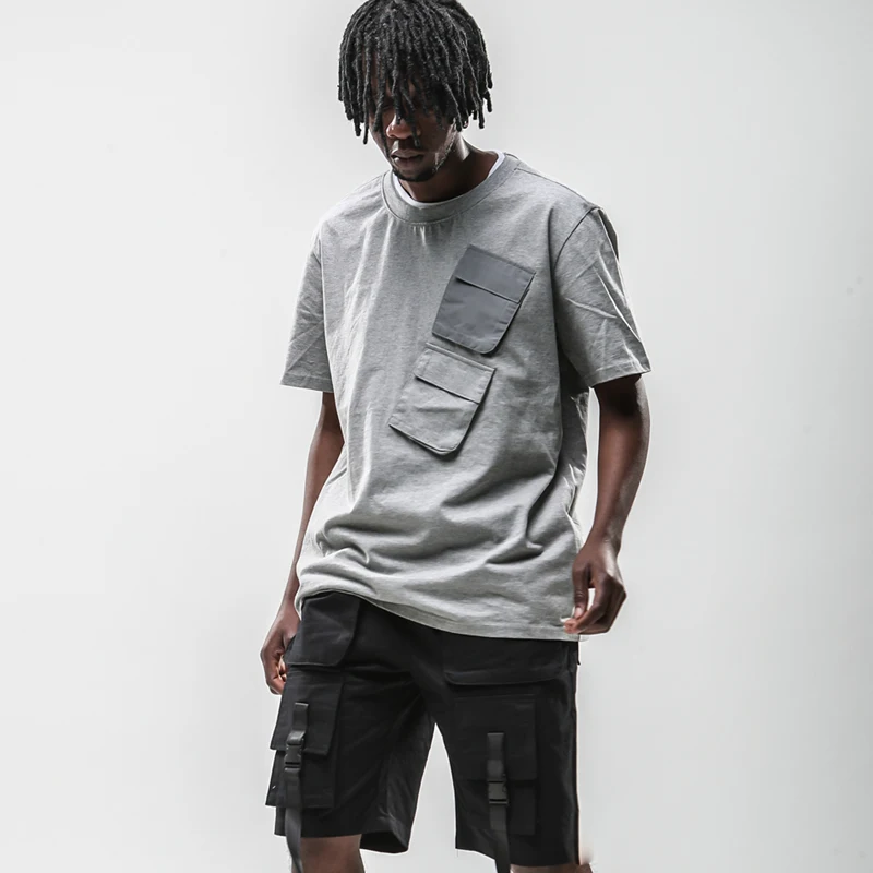 

High Street 2019 Spring Summer New Style Fashion Cotton Oversize T Shirt Men Loose T-shirt Casual Short Sleve Pockets Tees
