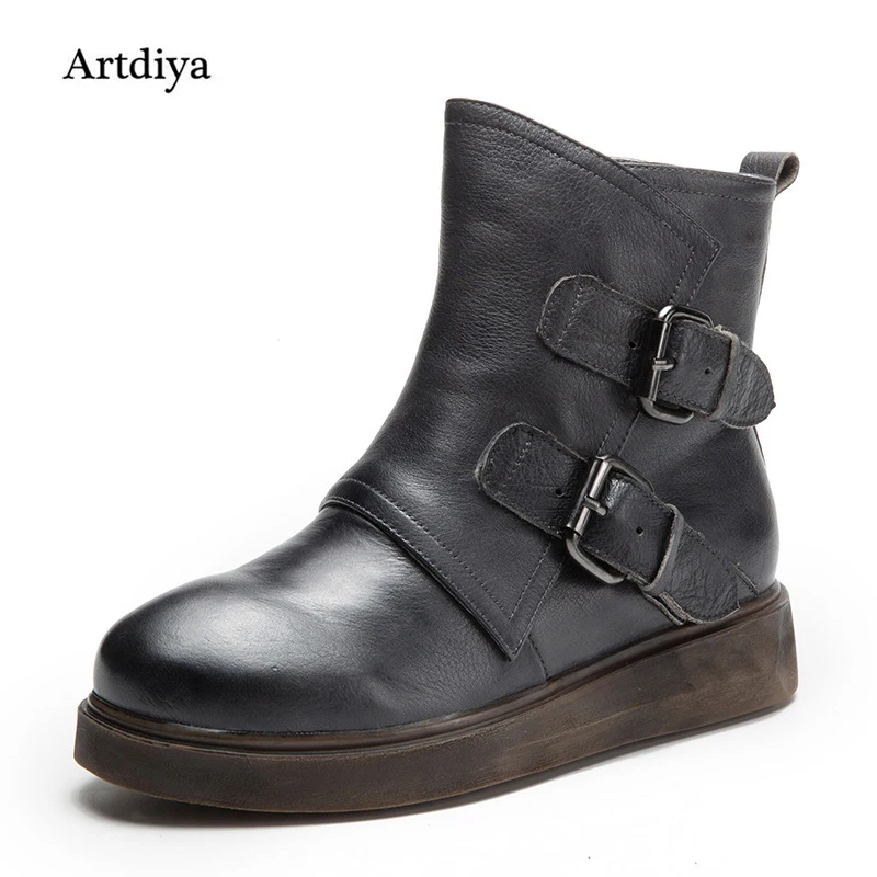 

Artdiya Original Genuine Leather Women Boots 2018 Autumn and Winter Flat Ankle Boots Handmade Belt Buckle Martin Boots T8063-77