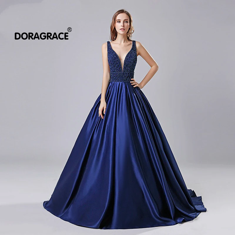 

Doragrace robe de soiree A-Line Deep V-Neck Backless Beaded Prom Gown Navy Blue Evening Dress