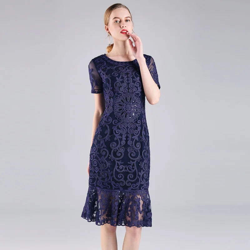 Платье размера XXXXL Vestidos, летние модные вечерние платья русалки, высококачественное женское платье с круглым вырезом и изысканной вышивкой синего цвета