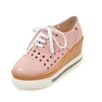 

Thick Sole Round Toe High Wedge Shoes Fashion Vintage Cut-out Platform Pumps Shoes For Women Girls Sweet Tide Pink+Yellow
