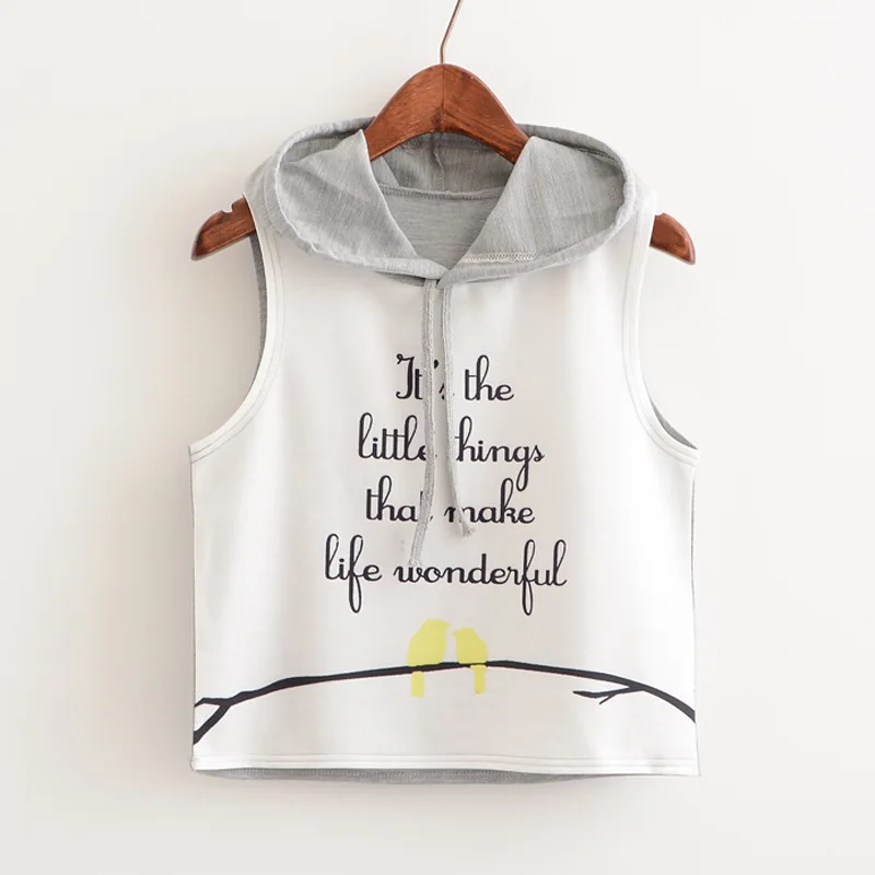 

2019 summer new women's simple casual bird and letter print hooded short paragraph leaking navel sleeveless female tees tops