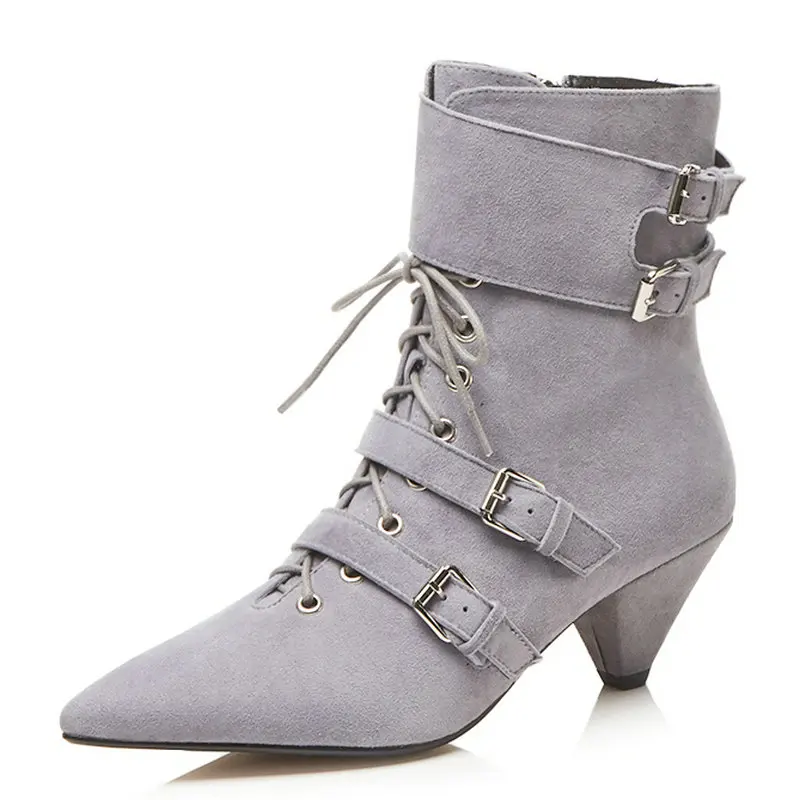 

PUNK Real Leather Ankle Boots Woman Pointed Toe Heel Shoes Ladies cross-tied Fashion Boots Fall Winter New buckle Boots Pink