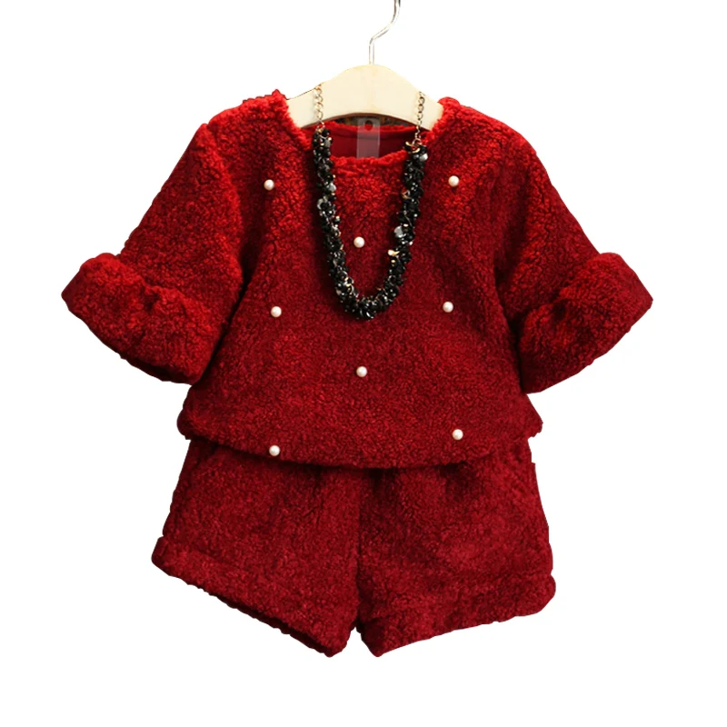 

2018 Fall Winter Children's Clothing Set Little Girls Plus Velvet Thickening Flare Sleeve Tops + Shorts Twinset Kids Clothes A66