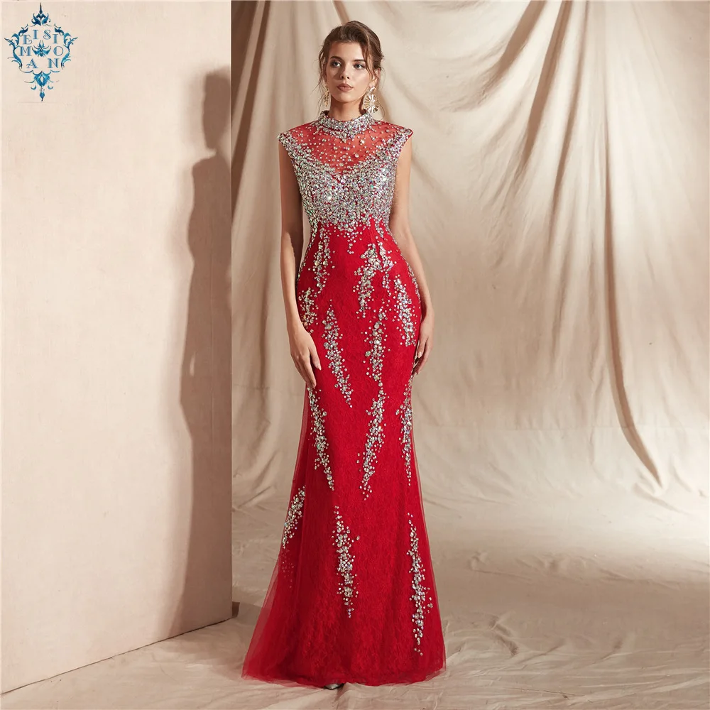 

Ameision sexy Burgundy Mermaid Long Evening Dress 2019 Lace Formal Illusion Back Crystal Beading Sleeveless Women Wear