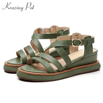 

Krazing Pot thick bottom gladiator summer shoes buckle straps peep toe British school wedges model runway show women sandals L19
