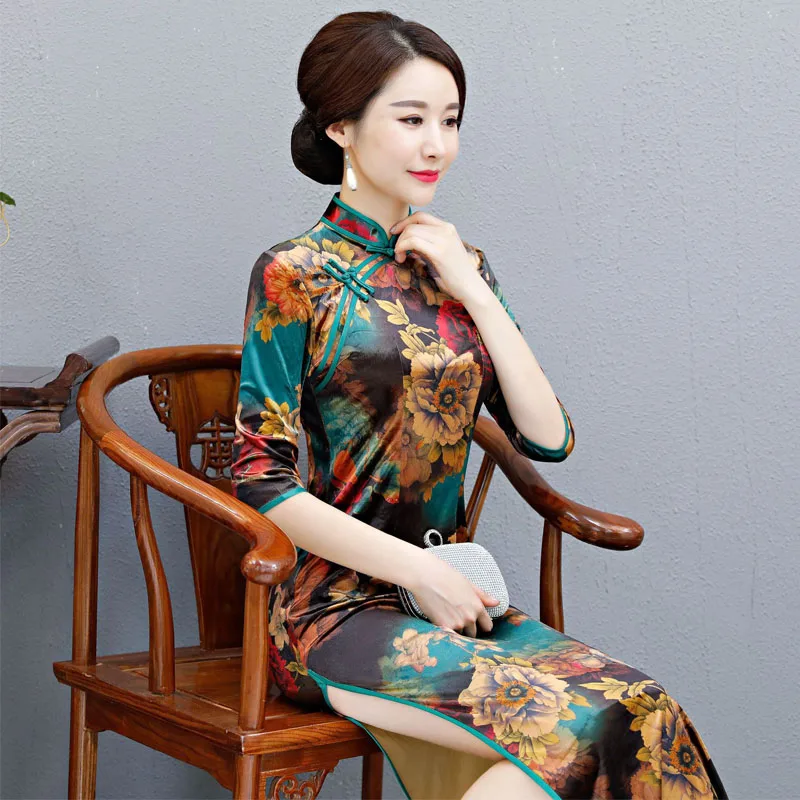 2019 Новое Осеннее бархатное атласное китайское традиционное платье Cheongsam с