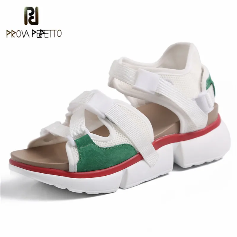 

Prova Perfetto Street Sandals Mixed Colors Genuine Leather Mesh Women Sandals Round Toe Buckle Flats Casual Shoes Woman Sneakers