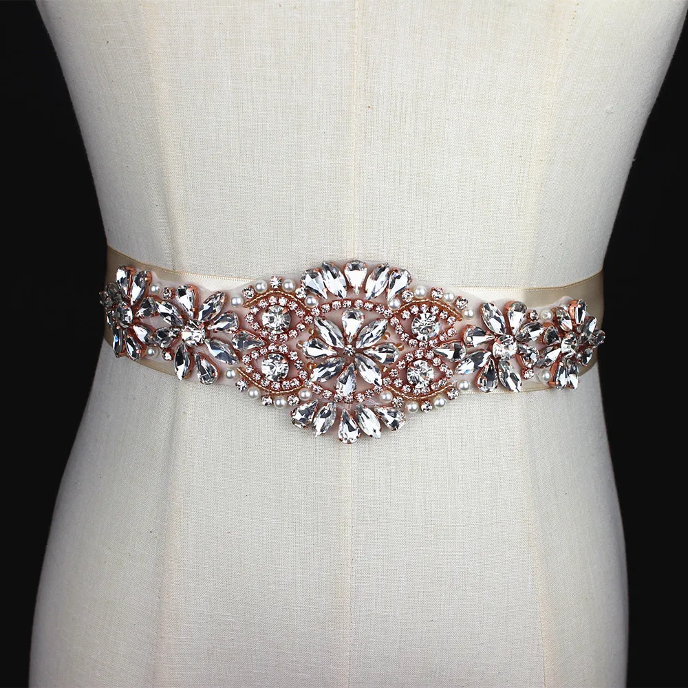 

Rose Gold handmade Rhinestone Applique Bridal Belt Crystal Wedding Sash Belt With beaded Pearl For Wedding Evening Dress up Prom