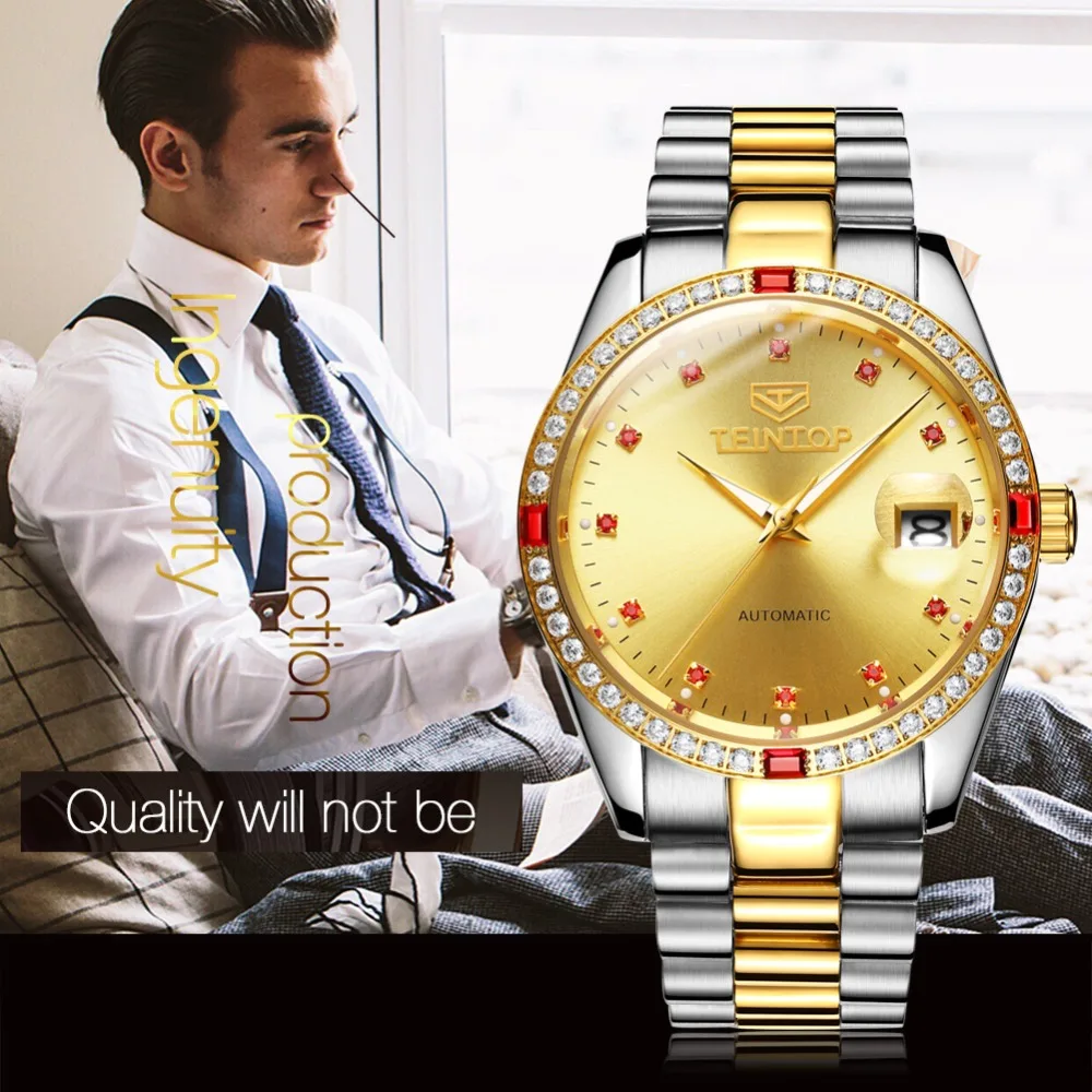 

2018TEINTOP Gold Stainless Steel Luxury Men's Watch 30M Waterproof Calendar Business Men Machinery Wristwatch Relogio Masculino