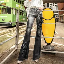 Dip feel Tumpet Джинсы женские новая высокая талия была тонкой окантовкой рыбий хвост брюки вышитые черные большие микро брюки размер 25-31