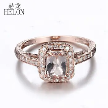 

HELON Brilliant Solid 10K Rose Gold Cushion 7x5mm Morganite Pave Natural Diamond Engagement Wedding Art Deco Fine Jewelry Ring