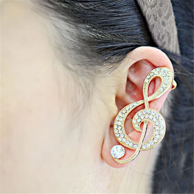 

1 piece trendy gold crystal musical note ear clip for women Left ear stud earrings female fashion jewelry ear cuff party gifts