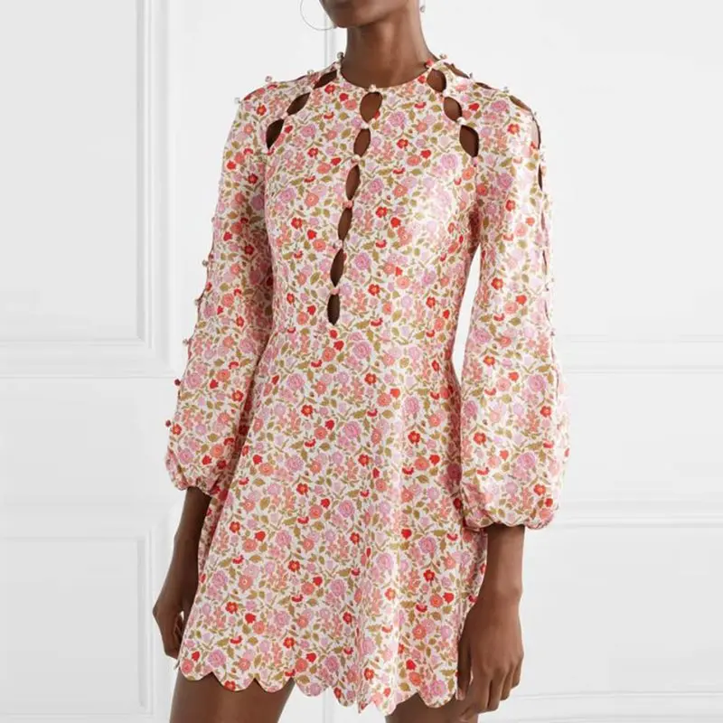 

Boho Sweet Pink Simple Travel Beach Party Summer Women Mini Dresses Sexy Club Hollow Print Floral Lantern Sleeve Female Dress