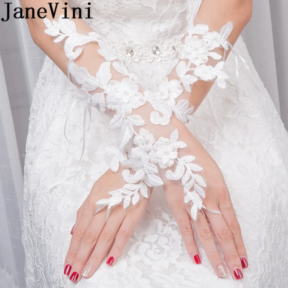 JaneVini Delicate Pearls Long Wedding Bridal Gloves 2018 Fingerless Lace Flower Wedding Party Bride Gloves Mariage Accessories