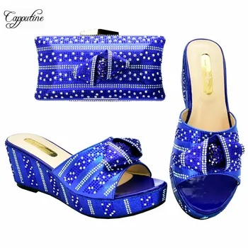 

Amazing royal blue African wedge heel shoes with bag set latest slipper with purse handbag for party 333-3, heel height 7cm