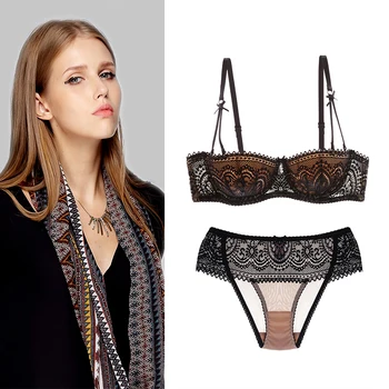 

Women Sexy Bra Set Lace Thin Padded Bra Floral Embroidery Transparent Bra Brief Set Designer Underwear Mesh Brassiere Push Up BH