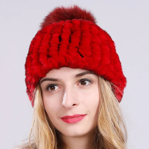 Лидер продаж, зимняя шапка из натурального меха кролика Рекс, женская, эластичная, теплая, ручная работа, вязанный Натуральная шерсть, шапки, большие помпоны из лисьего меха, шапки - Цвет: red