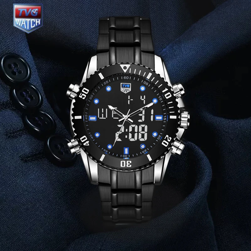 Meilleur TVG 2018 Hight Qualité Nouvelle De Luxe En Acier Inoxydable Chronomètre Sport Montre Hommes LED 100FT Étanche Poignet Montres BLEU