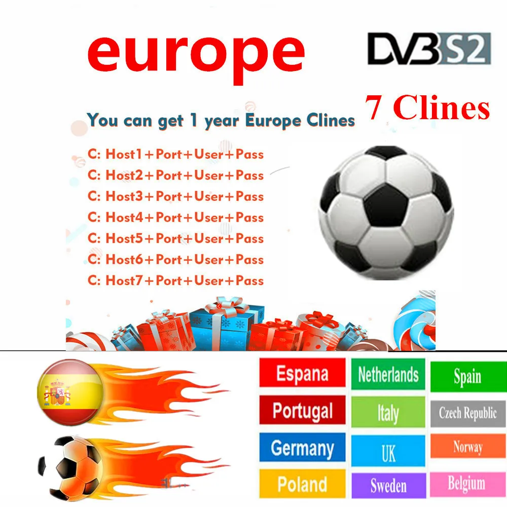 Europe HD 1 Year CCCam Spain Portugal Germany Poland Satellite tv Receiver 7 Clines For DVB-S2 gtmedia v7s freesat V8 SUPER