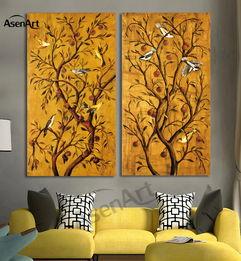 

2 Piece Set Birds on Tree Painting Vintage Paintings for Living Room Modern Wall Art Canvas Prints Wall Picture No Frame