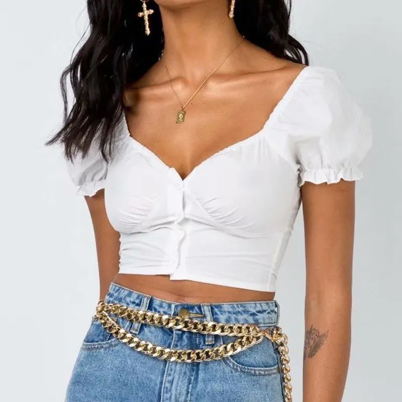 

2019 Fashion Women Puff Sleeve Casual Shirts Bodycon Pleated Floral Print Blouse Short V-Neck Button Top
