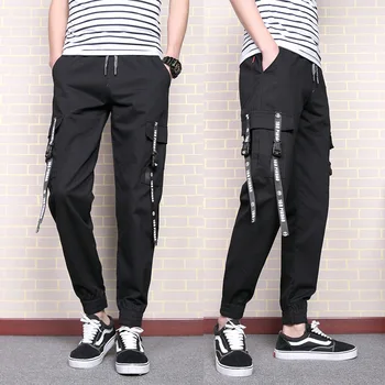 

Men Multi-pocket Cargo Pants Elastic Waist Design Harem Street Punk Hip Hop Casual Trousers Joggers Black Male Dancing Pants
