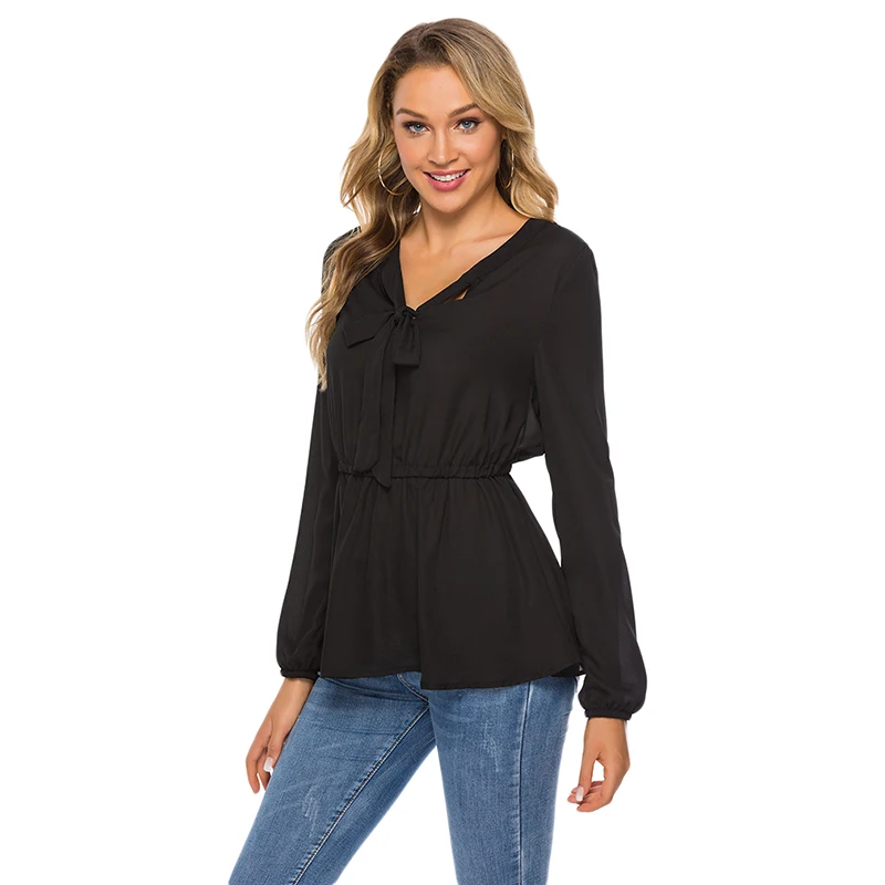 

New Fashion Women Clothing Neckline lace-up long-sleeved Top Elegant Tops Chiffon Stitching Long Sleeve Blouse Shirt